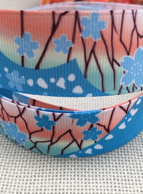 25-38mm蓝色花朵印花罗纹织带diy发饰材料优质热转印丝带210813