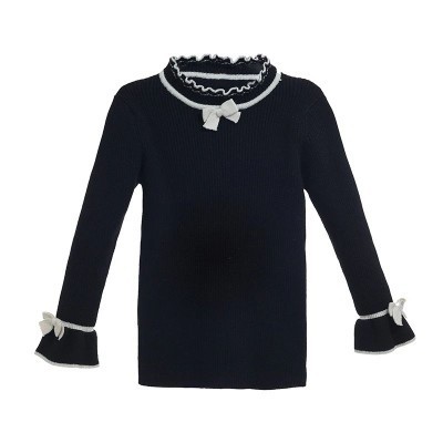 2025女童毛衣圆领荷叶边打底衫长袖加厚蝴蝶结公主风百搭毛衣黑色