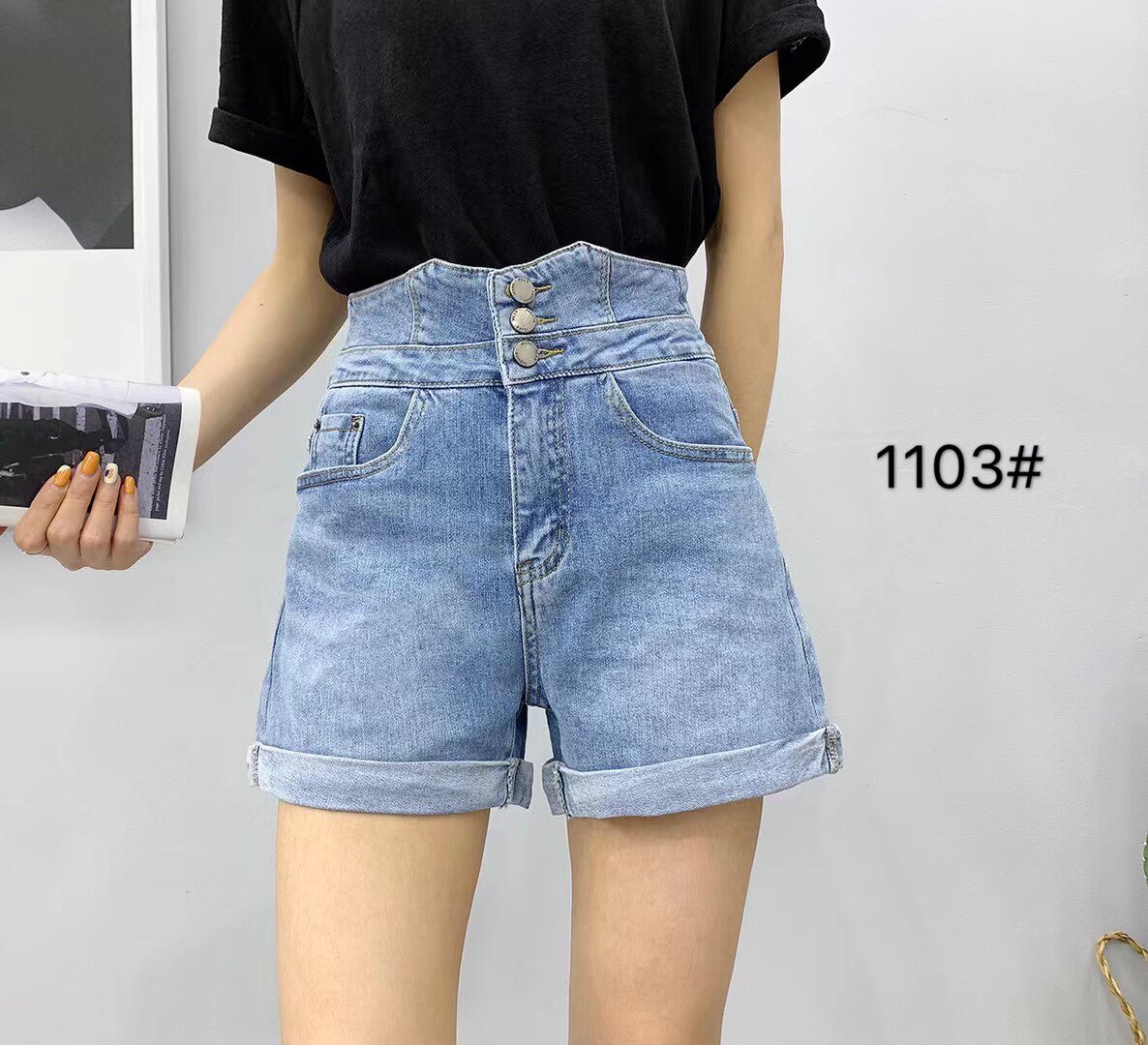 佐恩1103显瘦高腰弹力大码三粒扣四分时尚潮流蓝色牛仔短裤