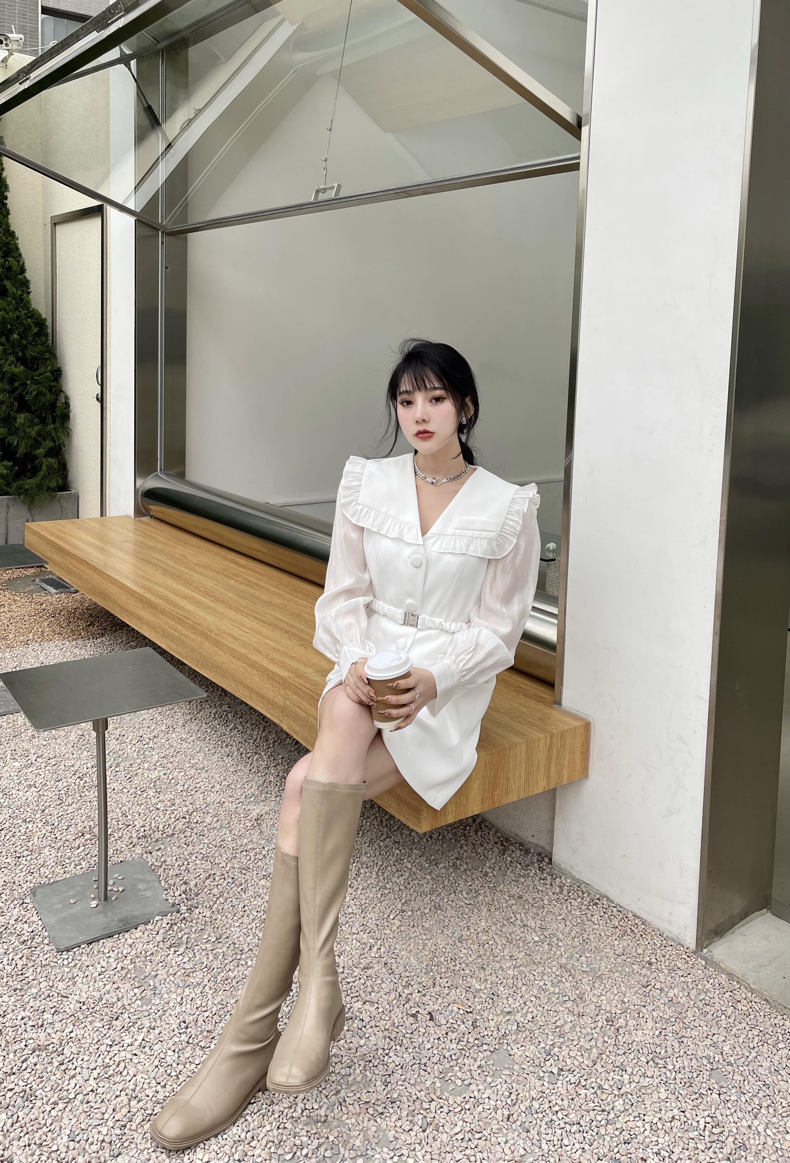 春秋新雪纺纯色西装连衣裙腰带复古小香女人收腰大翻领花边领