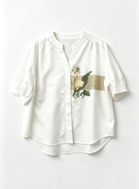 小田直播间～白色立领短袖印花衬衫女206