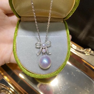 新款天然珍珠 日本Akoya珍珠项链 蝴蝶结吊坠 海水珍珠项链 包邮