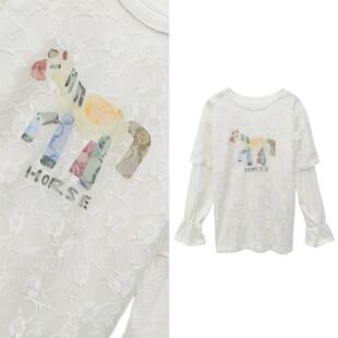 圆领拼接蕾丝长袖 欧货时尚 T恤女宽松显瘦上衣3.16 甜甜专享