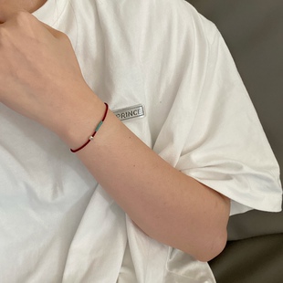 手工编织手链本命年红绳暗红四股平安结编织手绳925切面银珠手链