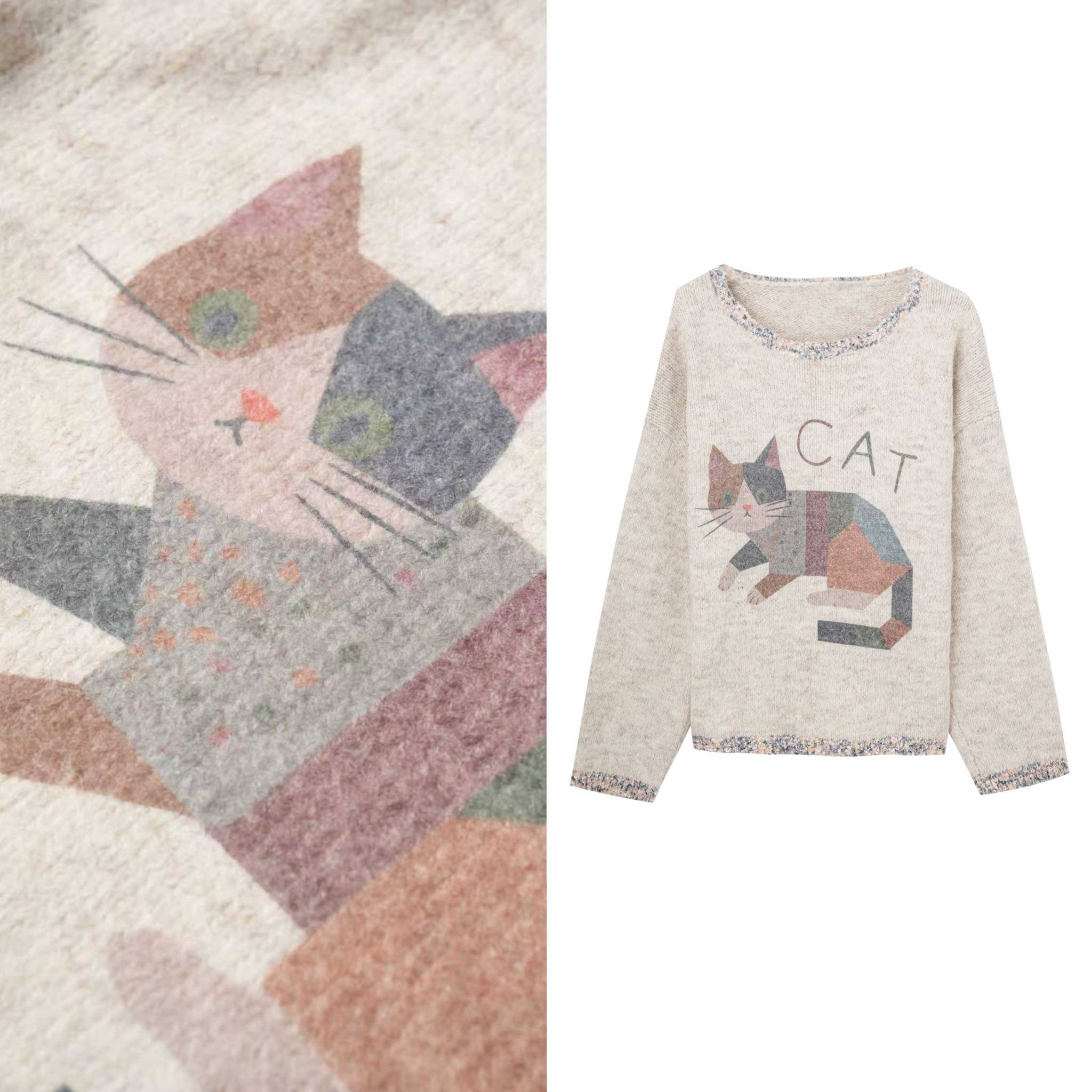 【玉米专享】韩系卡通猫咪提花上衣女慵懒风显瘦毛衣