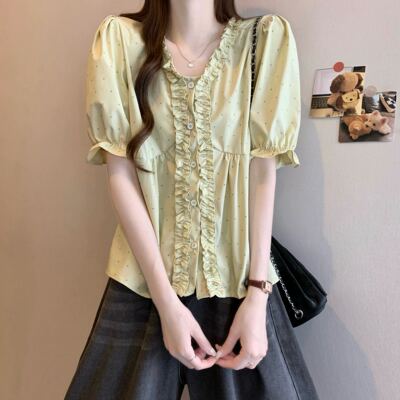【甜甜圈专享】】波点木耳边娃娃衫短袖衬衫设计感减龄开衫上衣