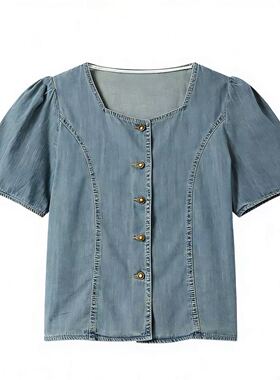 【玉米专享】减龄泡泡袖方领牛仔衬衫女8062