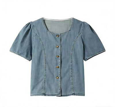 【玉米专享】减龄泡泡袖方领牛仔衬衫女8062