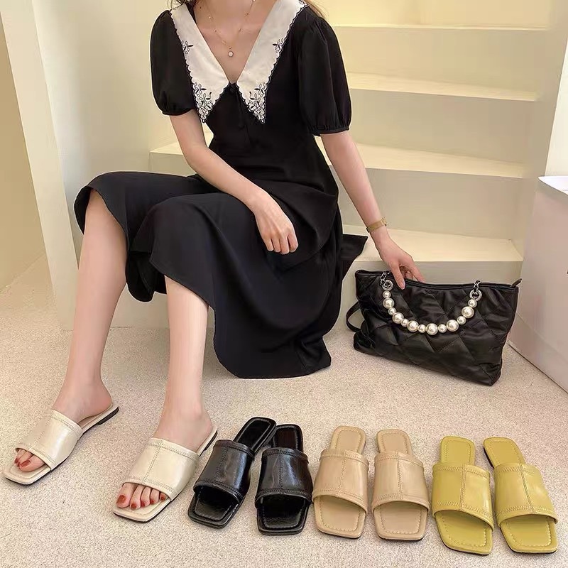 Korean women's shoes retro square head simple one word open toe cloth surface color matching casual flat sandals