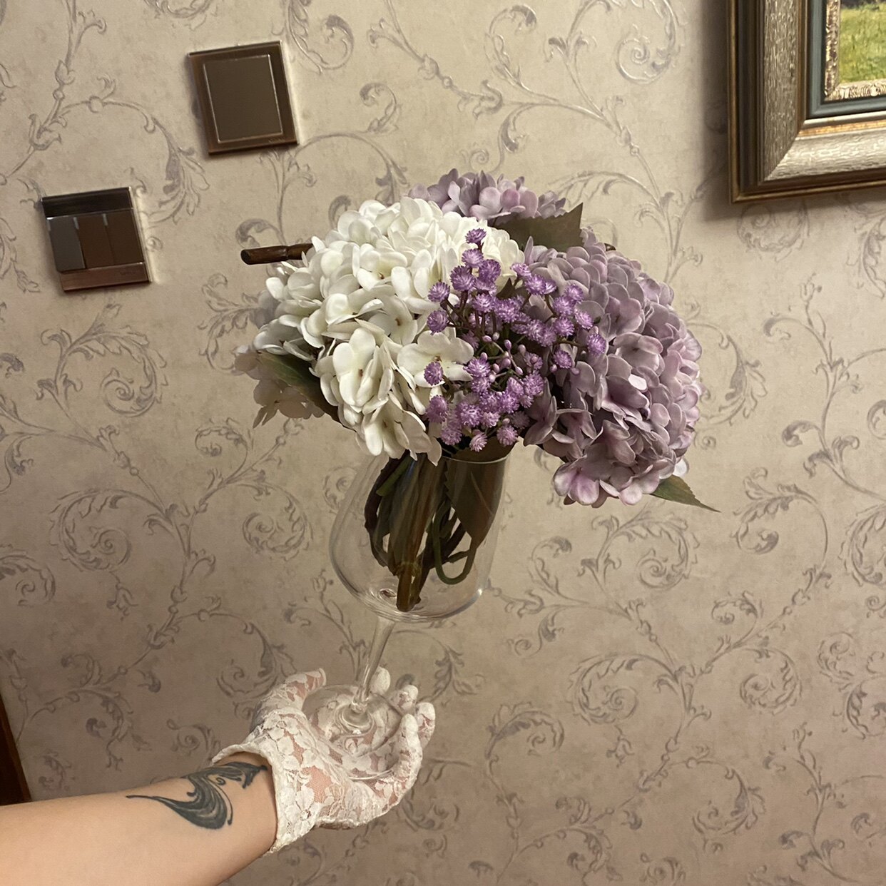 仿真花配红酒杯精美精致手感香芋紫色绣球任意摆设装饰客厅别墅