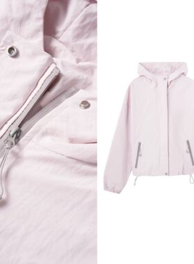 【甜甜圈专享】连帽拼色冲锋衣短款外套女宽松长袖连帽外套3.10