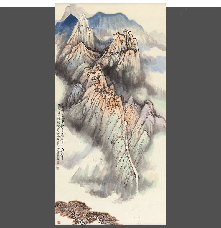 何海霞华山图高清宣纸微喷中式山水画玄关过道国画竖幅挂轴装裱