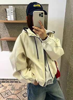 【悟空专享】撞色拉链连帽冲锋衣外套宽松休闲短款夹克4020