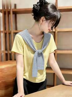 气质百搭显瘦配条纹围脖短袖 夏季 时尚 韩版 两件套T恤上衣1726 新款