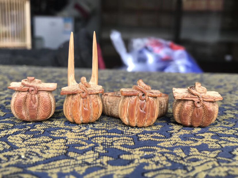 绣眼笼用手工老竹南瓜4件套，镶头两个，果叉一个，虫盒一个，