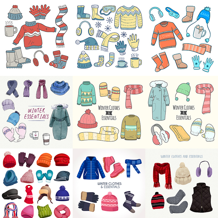 手绘冬天服装ai矢量图案 针织衣服毛衣帽子手套袜子耳罩 设计素材