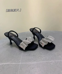 Star with spring and summer new super fairy square slippers Diamond Thin High Heels Sandals