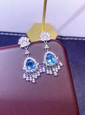 流苏款天然瑞士蓝托帕石耳坠