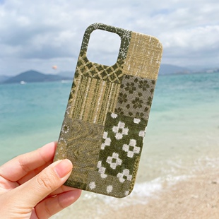 定制手工日系清新复古拼布布艺棉麻手机壳iPhone13141516promax
