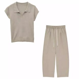 时尚 韩版 气质翻领冰丝针织短袖 加裤 323 子套装 甜甜专享