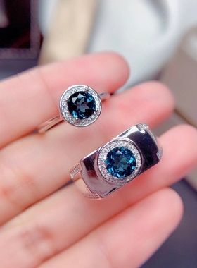 伦敦蓝托帕石925银活口情侣戒指