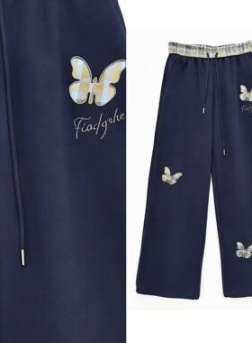 【甜甜专享】美式蝴蝶贴布阔腿休闲裤显瘦卫裤直筒百搭裤子