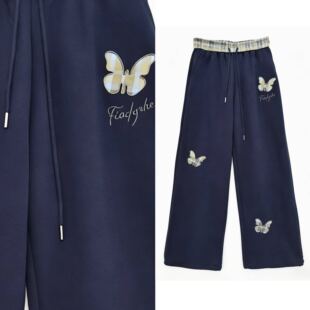 甜甜专享 直筒百搭裤 美式 显瘦卫裤 子 蝴蝶贴布阔腿休闲裤