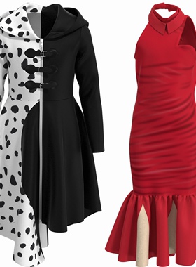 cruella costume 万圣节衣服 cosplay halloween 101忠狗服装红裙