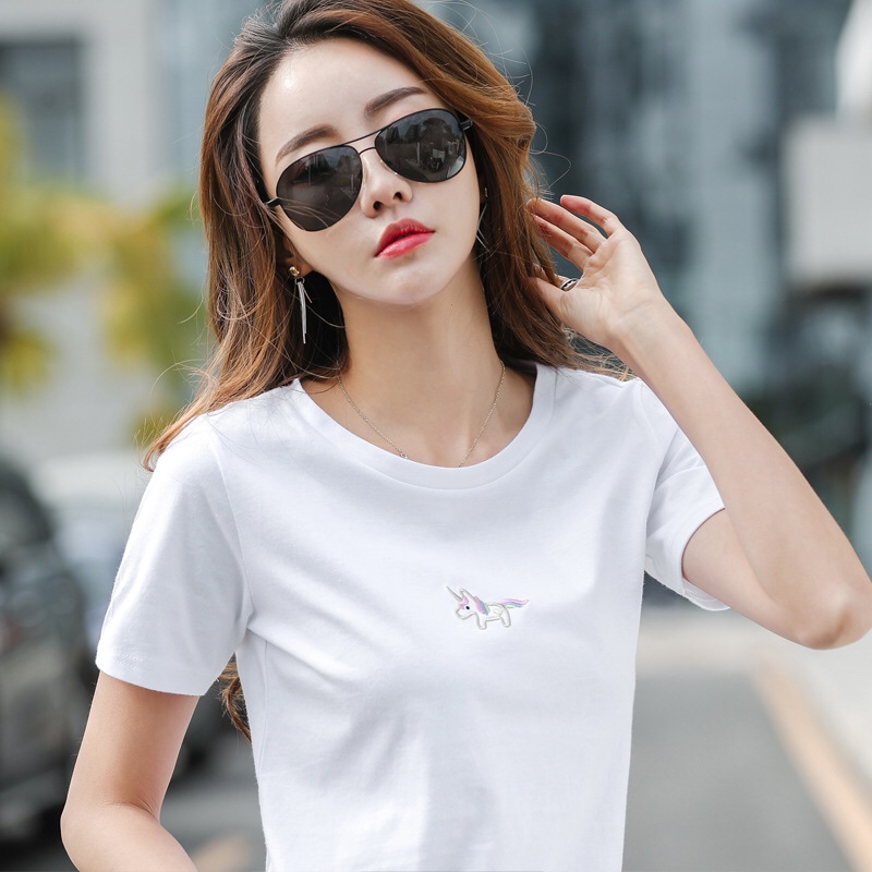 白色t恤女短袖2022年新款刺绣圆领宽松夏季纯棉百搭独角兽上衣