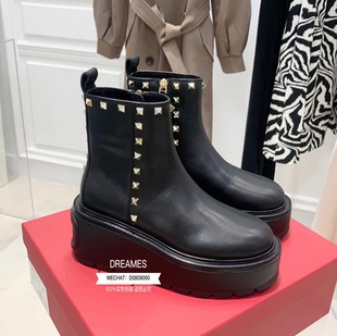女 包邮 欧洲站2025秋冬新款 头层牛皮侧拉链松糕底铆钉短靴重工靴子