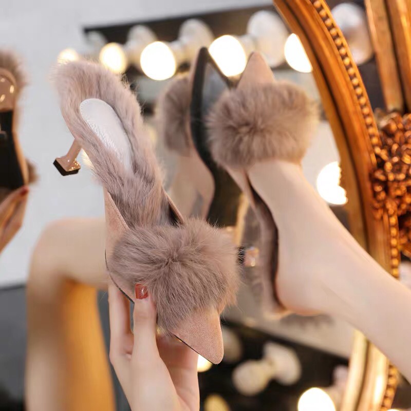 网红毛毛外穿新款尖头高跟单鞋