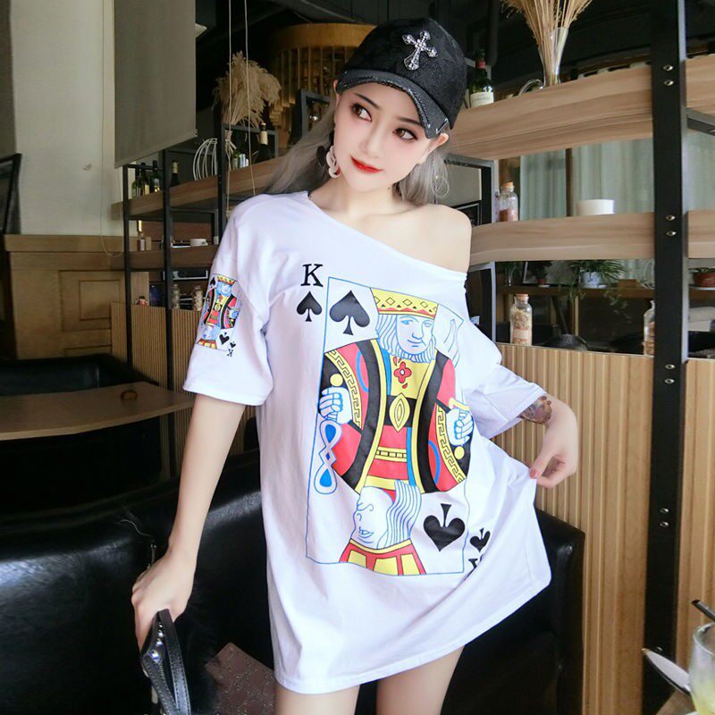 2025夏季新款网红主播扑克牌个性印花小心机短袖宽松中长款T恤女