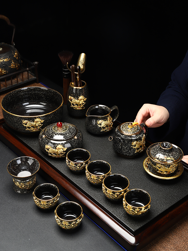 康乐品镶金功夫茶具套装整套窑变黑釉建盏家用喝茶茶杯办公泡茶器