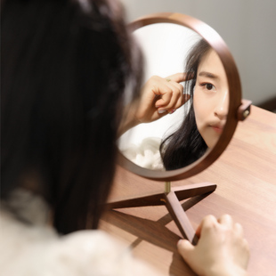 创意实木化妆镜台式 桌面梳妆镜高清复古轻奢黑胡桃网红大圆形镜子