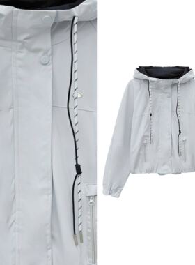 【小四专享】】韩版休闲风撞色连帽抽绳短外套夹克宽松上衣1084