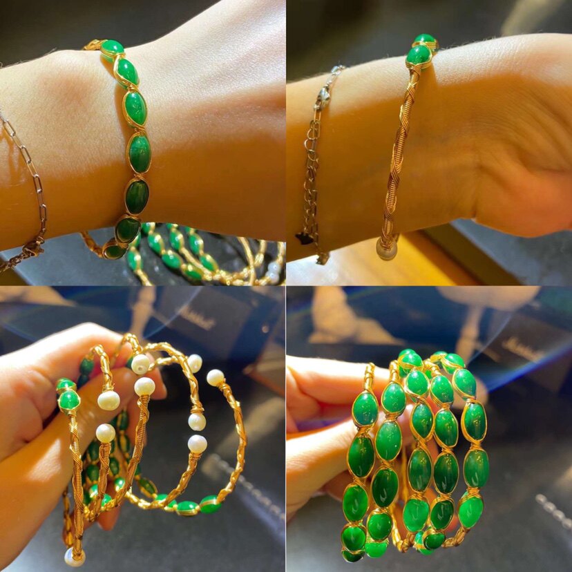 人造翡翠干青珍珠手镯 轻奢时尚复古镯子女颜色优化