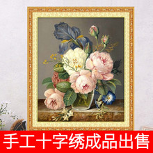 纯手工十字绣成品娇艳欲滴油画风格卧室餐厅玫瑰花花瓶人工绣好的