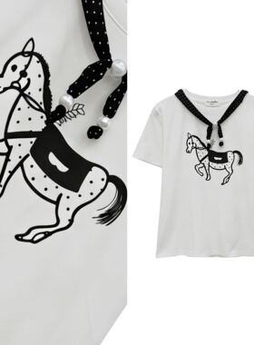 【玉米专享】贴布刺绣卡通小马配丝巾短袖T恤韩系百搭上衣3030