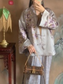 中国风故宫紫禁城银灰色真丝纯手工苏绣京绣繁花蝶梦旗袍外套百搭