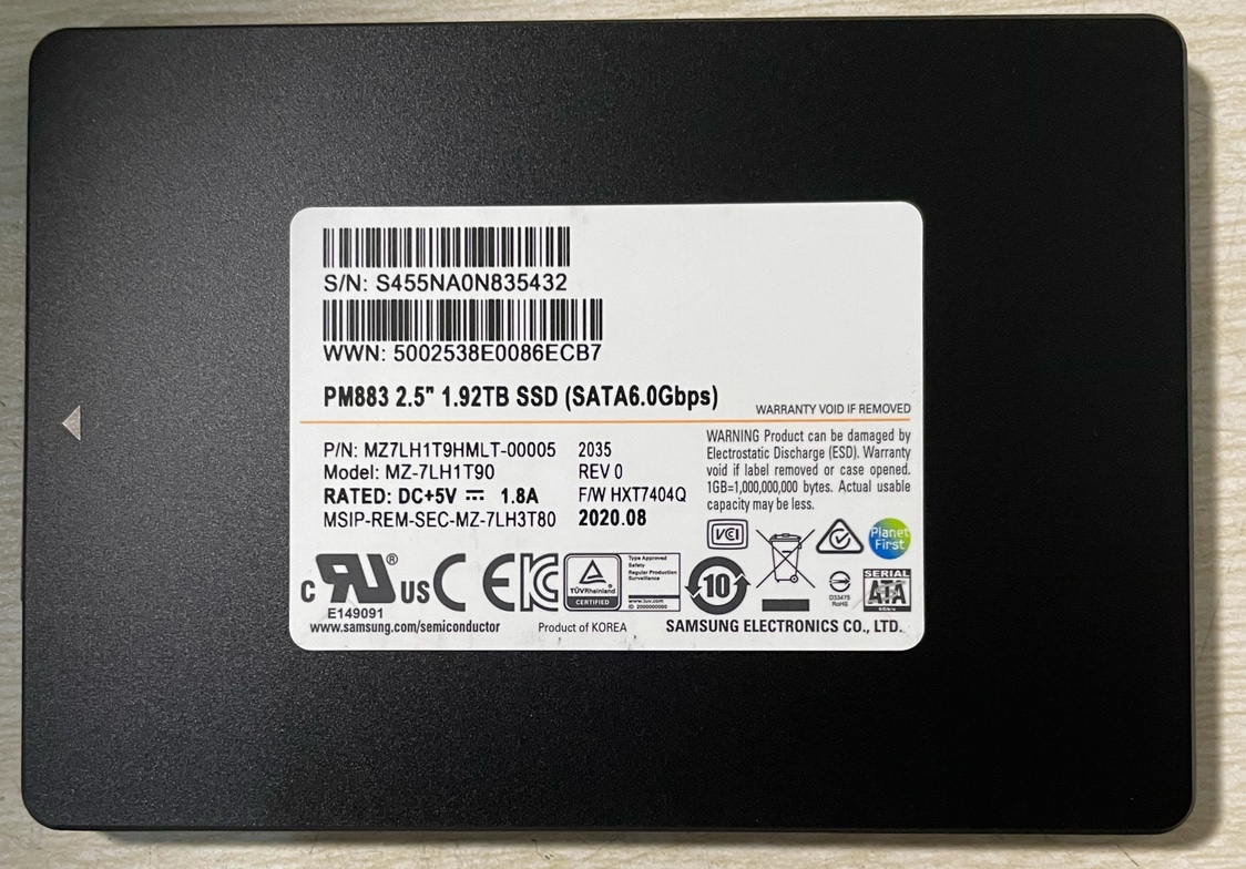 Samsung/三星 企业级 SATA3 1.92T PM883固态