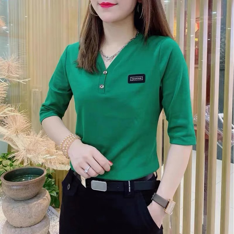 棉T恤5分袖弹力显瘦中袖上衣女