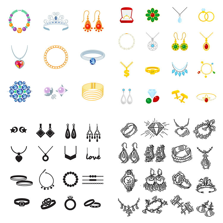 珠宝图标ai矢量图案 卡通手绘首饰女性饰品项链耳环戒指 设计素材