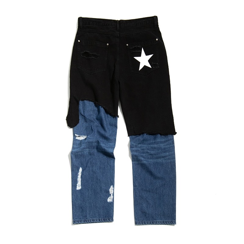 罗志祥Gotnofears STAR LAYERS假两件拼接直筒宽松牛仔长裤男女