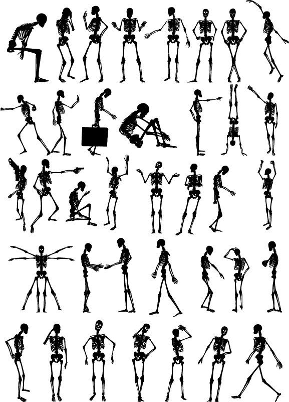 骷髅骨架剪影ai矢量插图 骷髅头 骨架 骨骼人物动作剪影 设计素材