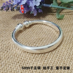 新款新品999纯银手镯女款 光面开口蒜头对珠手镯扁 手工订做 银饰