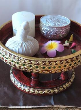 泰式红色高脚供果盘乔迁新居客厅实木茶几零食盘SPA精油糕点托盘