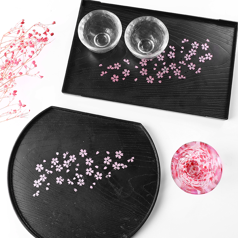 日本进口樱花纹茶盘日式塑料托盘高颜值仿木纹茶托长方形果盘餐盘