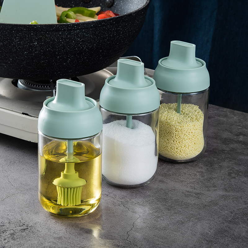 日式盐味精调料盒玻璃调味罐厨房油壶家用勺盖一体组合收纳瓶套装