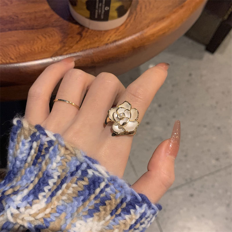 白色山茶花戒指女轻奢小