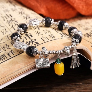 复古黑色串珠琉璃苏长命富贵平安锁招桃花祈福民族风手链手串